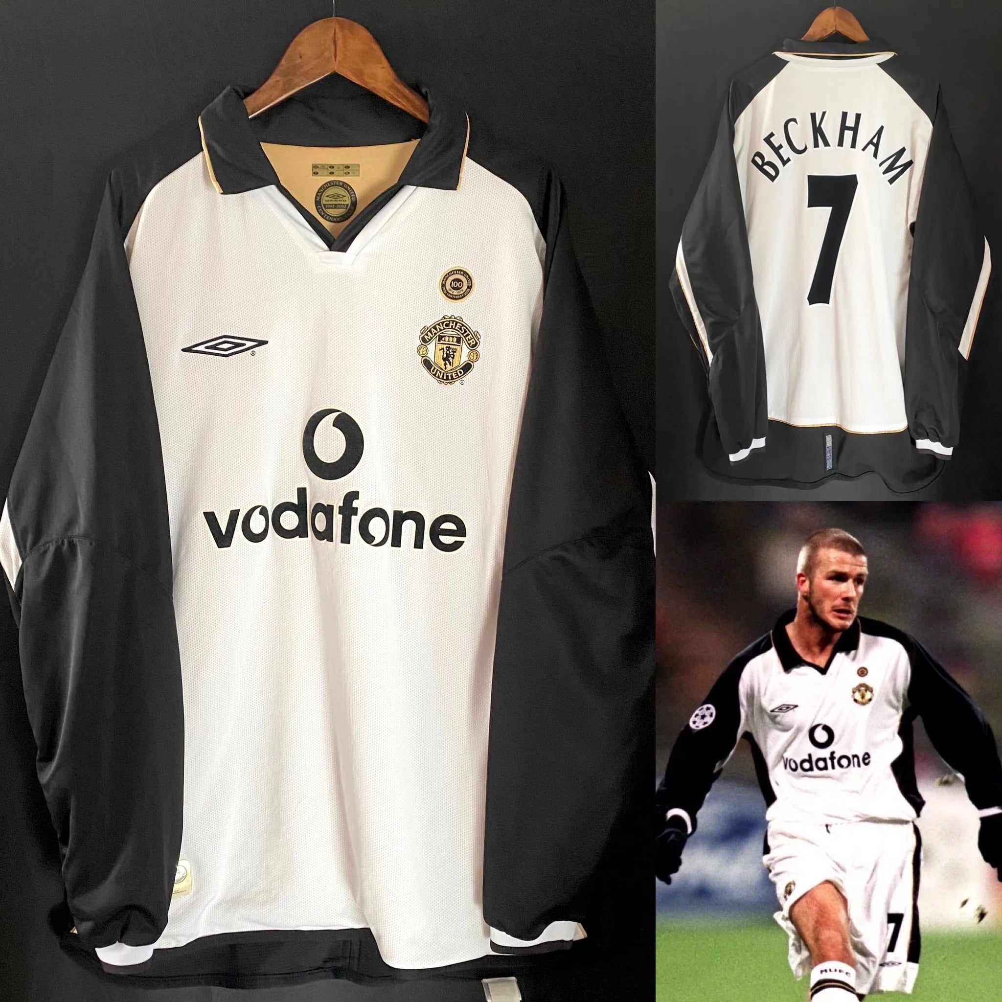 Jersey Retro Manchester United Centenario Doble Vista 01-02 Beckham 7  Manga Larga Version Aficionado